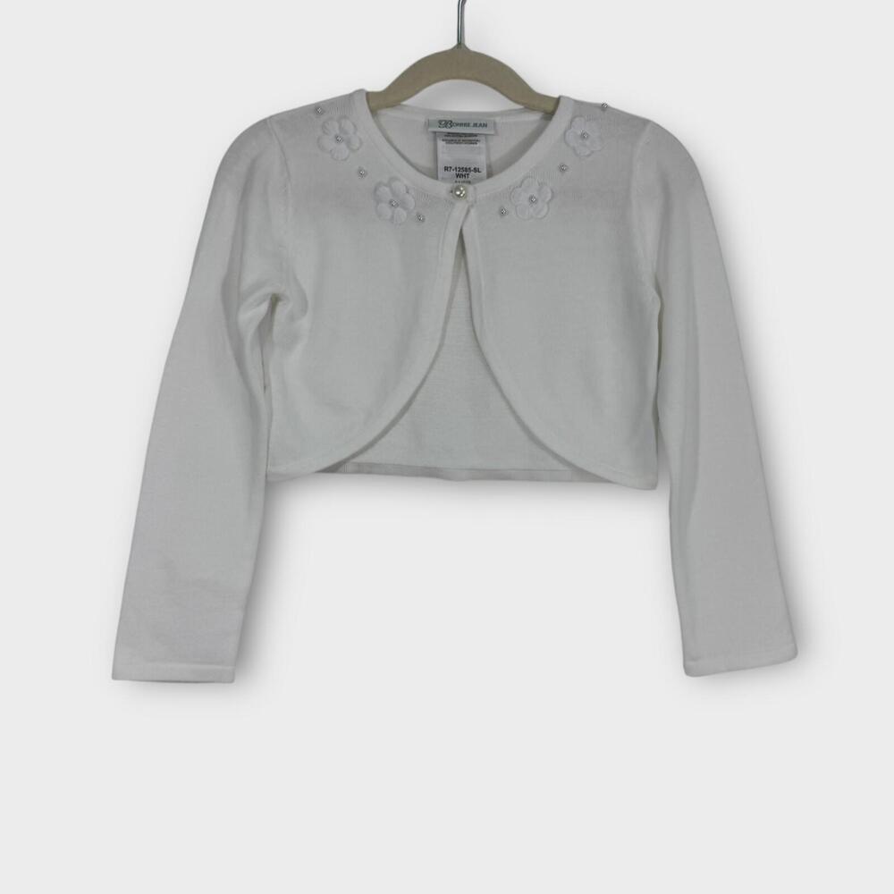 Bonnie Jean Little Girl’s Size XXS White Floral Pearl Cropped Cardigan Sweater
